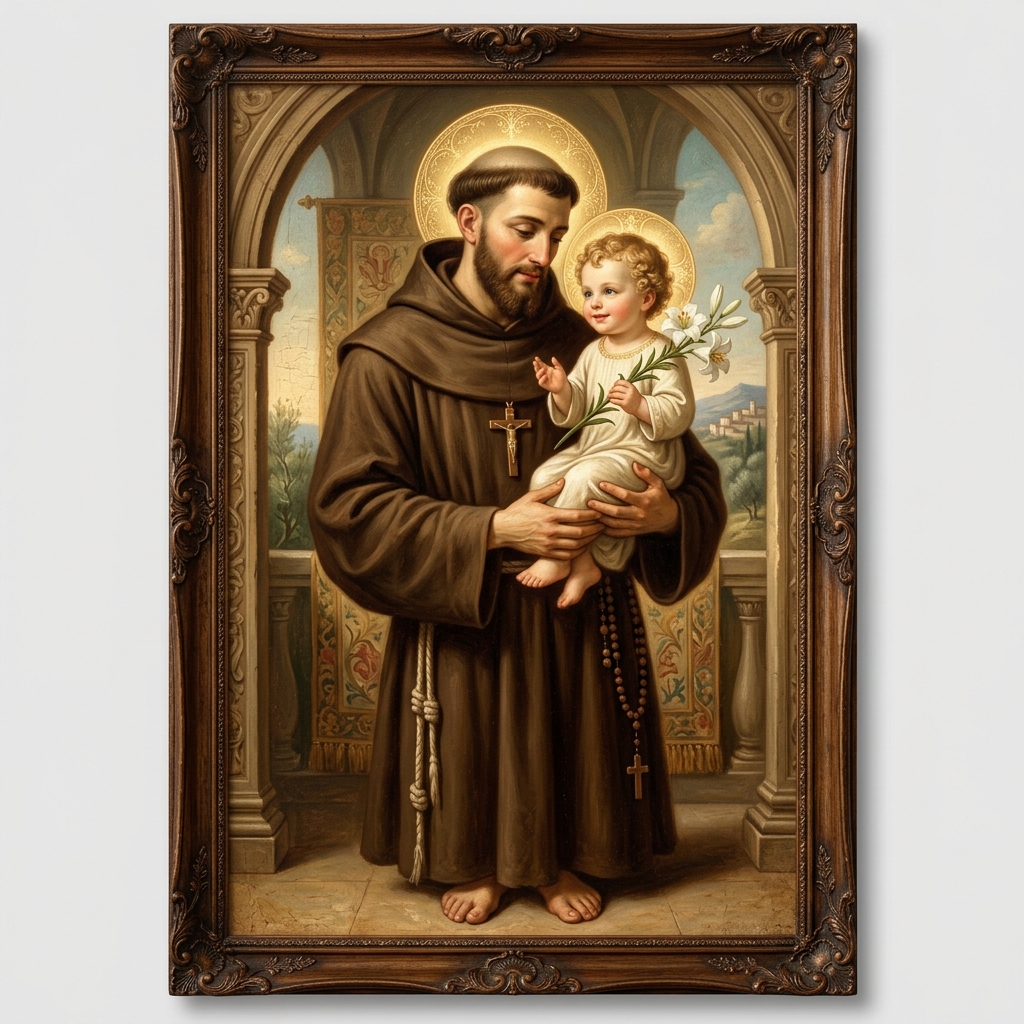 Retrato clásico de San Antonio de Padua sosteniendo al Niño Jesús y un lirio blanco