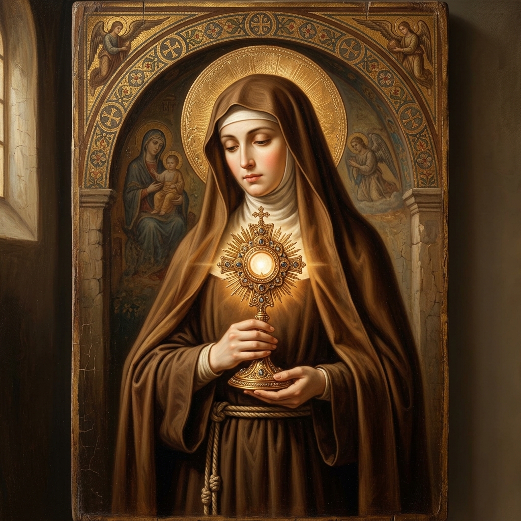 Retrato clásico de Santa Clara de Asís sosteniendo la custodia eucarística